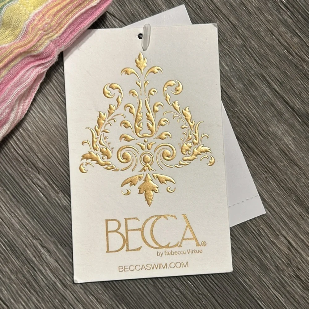 NWT BECCA Size Medium Marbella Stripes Strapless Sheer Short Romper Pink Yellow - Picture 5 of 12